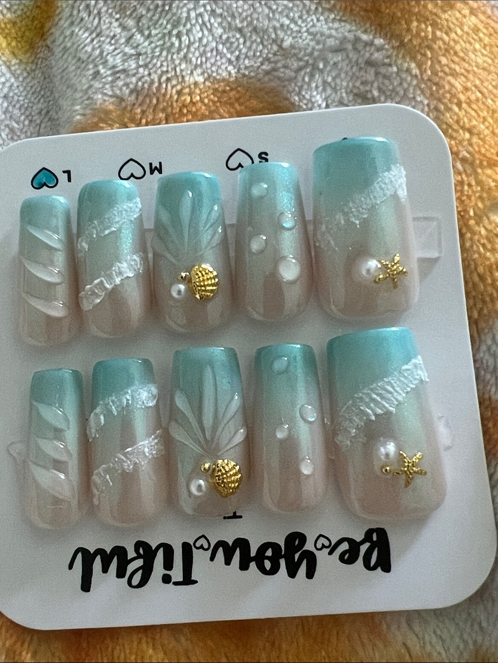 Aqua Seafoam Ombre Press-On Nails with Shell Accents